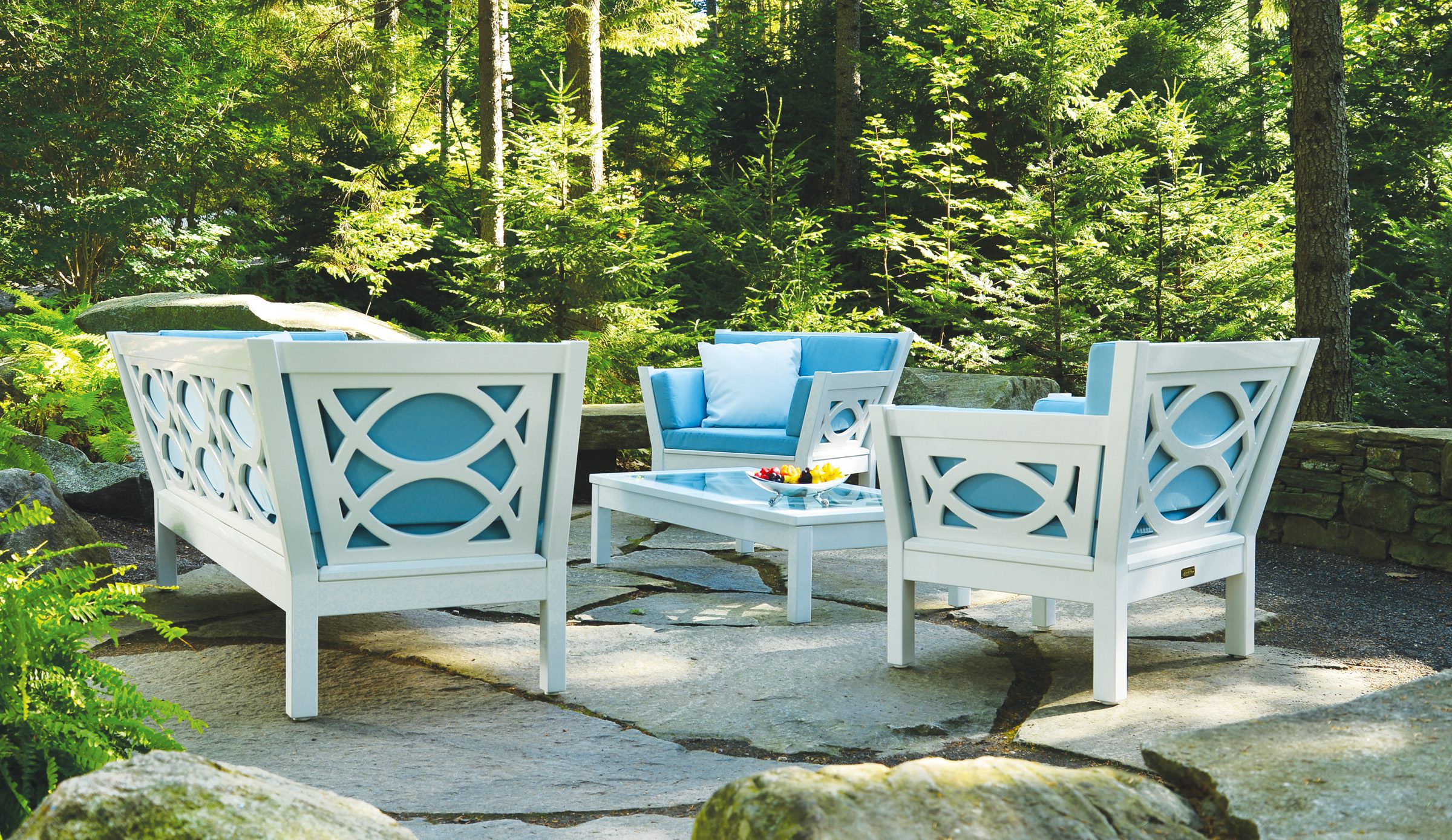 Westport Settee and Chair with Ebb and Flow Expression in Weatherend Yacht Finish